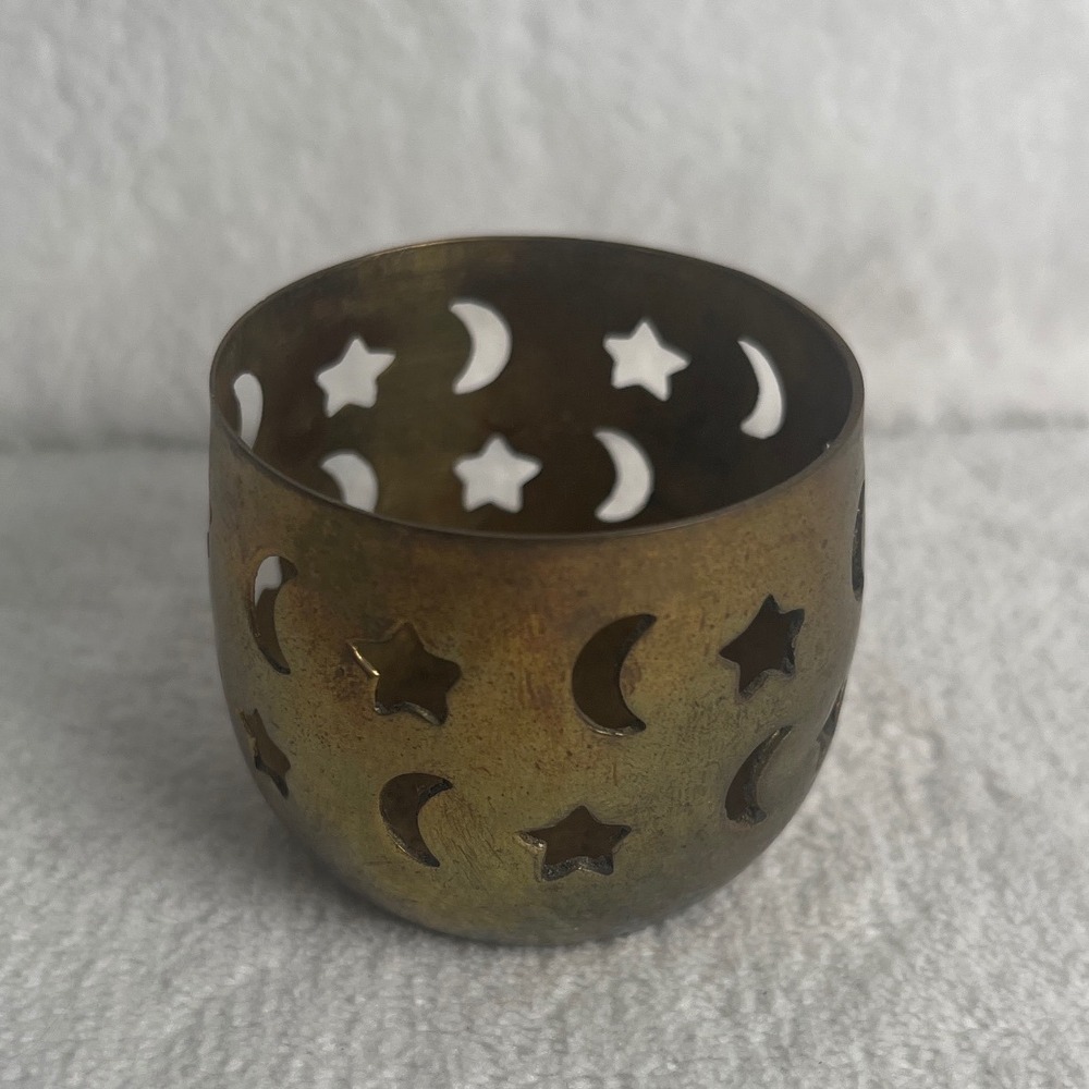 Vintage Brass Celestial Star Moon Votive Candle Holder Unisex Small Gold Good